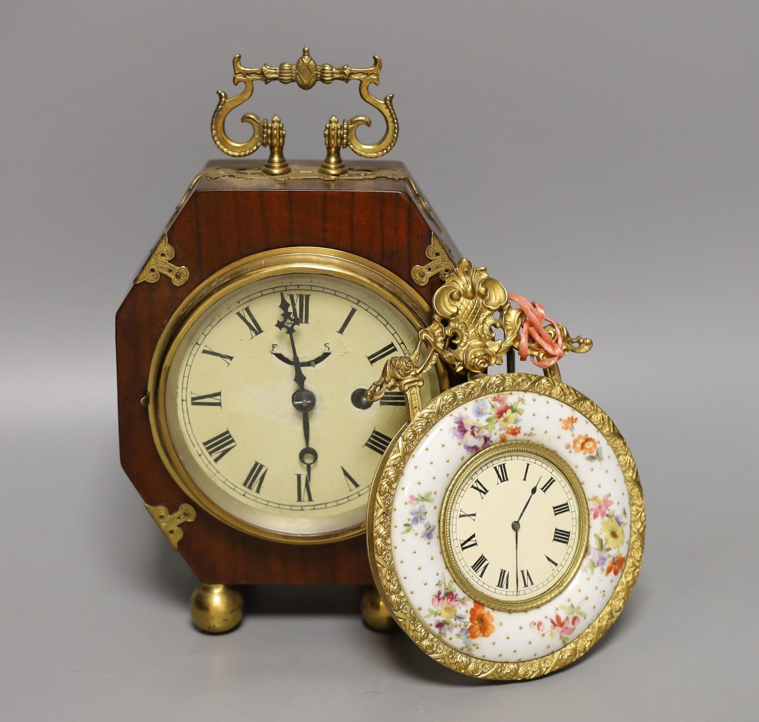 A continental porcelain and ormolu Sedan timepiece and a Victorian mantel timepiece 22cm